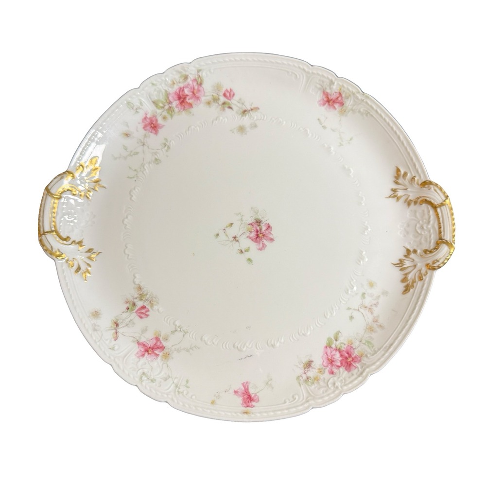 CH Field Haviland Limoges Cake Plate Handled 10" White Pink Floral Gold Tray